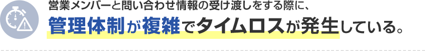 営業メンバーと問い合わせ情報の受け渡しをする際に、 管理体制が複雑でタイムロスが発生している。