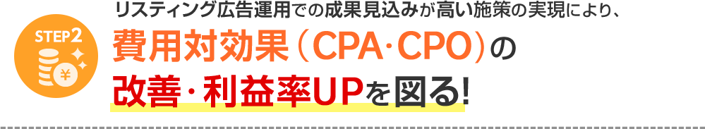 STEP2 リスティング広告運用での成果見込みが高い施策の実現により、費用対効果（CPA・CPO)の改善・利益率UPを図る！