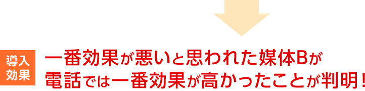 導入効果 一番効果が悪いと思われた媒体Bが電話では一番効果が高かったことが判明！