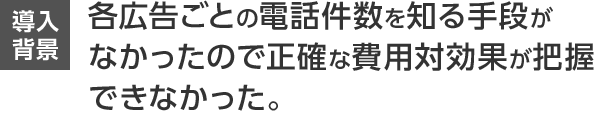 導入背景 各広告ごとの電話件数を知る手段がなかったので正確な費用対効果が把握できなかった。